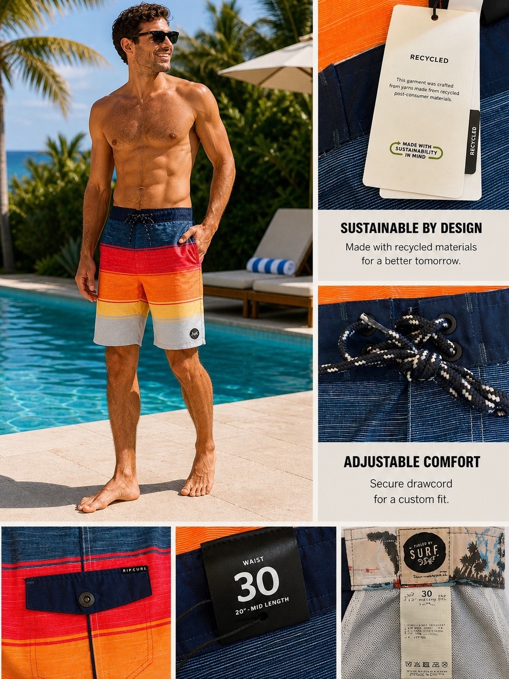 NWT Rip Curl Boardshort Trunks Men's Size 30 All Time Cadmium Orange Sustainable